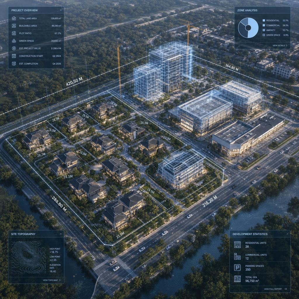 Aerial property analysis overlay with development metrics